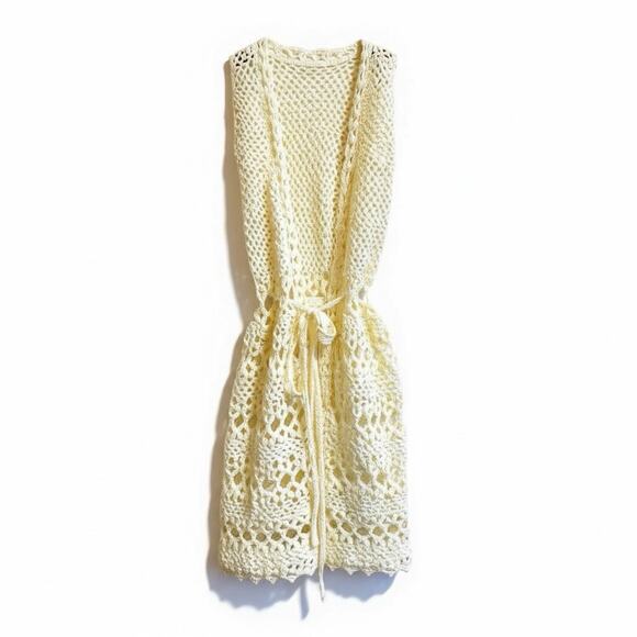 Handmade Crochet Sleeveless Cardigan Vest Ivory Tie Waist – One Size Boho Layer - Picture 2 of 8